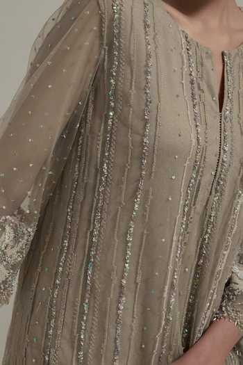 Kavita Bhartia_Beige Organza, Net Round Neck, Yes Textured Pattern Kurta And Sharara Set _at_Aza_Fashions