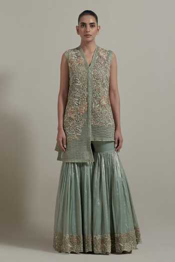 Buy_Kavita Bhartia_Green Net, Tissue Embellished Cape And Sharara Set _Online_at_Aza_Fashions