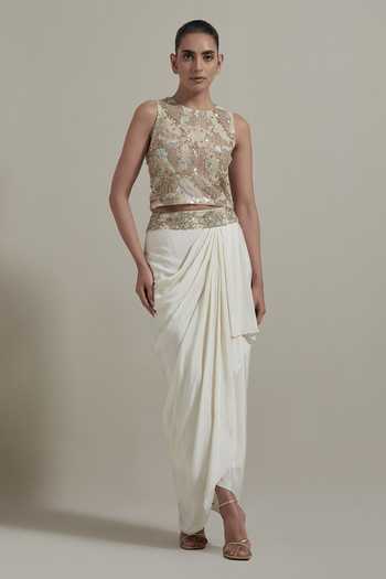 Kavita Bhartia_Ivory Georgette, Crepe, Net, Lurex Round Neck Hand Embellished Cape Skirt Set _Online_at_Aza_Fashions