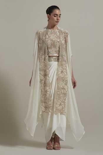 Shop_Kavita Bhartia_Ivory Georgette, Crepe, Net, Lurex Round Neck Hand Embellished Cape Skirt Set _Online_at_Aza_Fashions