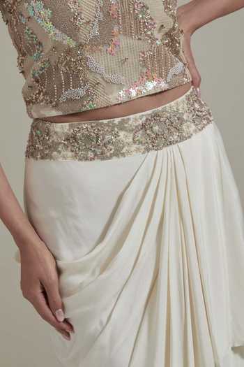Buy_Kavita Bhartia_Ivory Georgette, Crepe, Net, Lurex Round Neck Hand Embellished Cape Skirt Set 