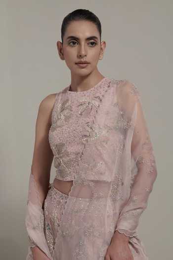 Buy_Kavita Bhartia_Pink Organza, Net, Tissue Round Neck Embellished Lehenga Blouse Set 