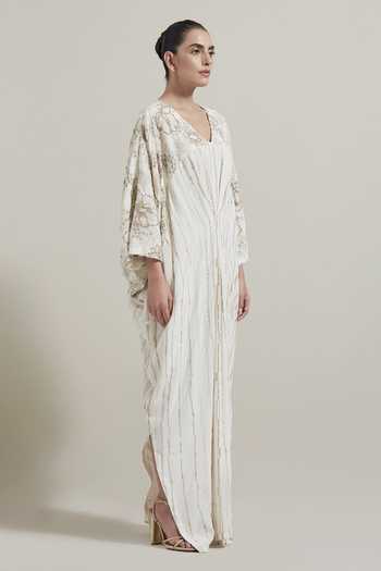 Kavita Bhartia_Ivory Crepe V-neck Embroidered Kaftan _Online_at_Aza_Fashions