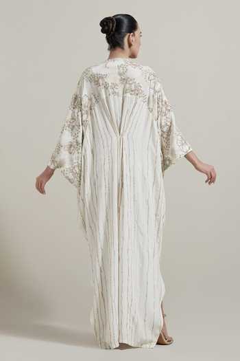 Shop_Kavita Bhartia_Ivory Crepe V-neck Embroidered Kaftan _at_Aza_Fashions