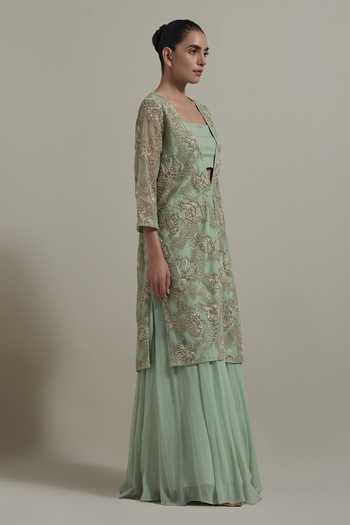 Shop_Kavita Bhartia_Green Net, Chiffon Open , Bandeau Embellished Jacket Sharara Set _Online_at_Aza_Fashions
