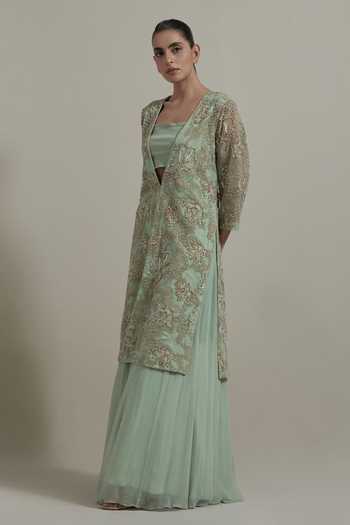 Kavita Bhartia_Green Net, Chiffon Open , Bandeau Embellished Jacket Sharara Set _at_Aza_Fashions