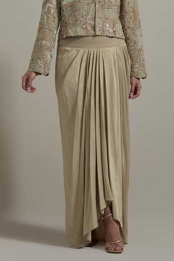 Kavita Bhartia_Beige Silk, Dupion, Shantoon Round Neck Embellished Jacket And Skirt Set _Online_at_Aza_Fashions