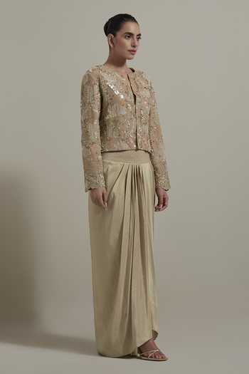 Buy_Kavita Bhartia_Beige Silk, Dupion, Shantoon Round Neck Embellished Jacket And Skirt Set _Online_at_Aza_Fashions