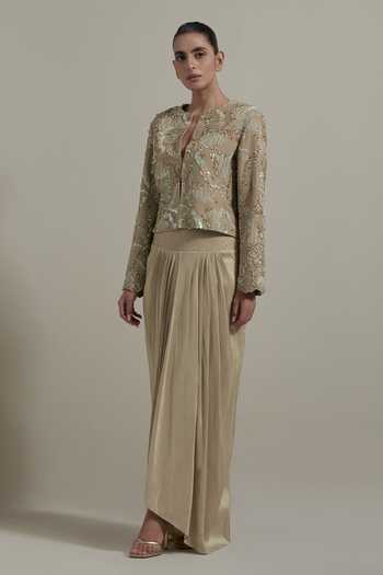 Shop_Kavita Bhartia_Beige Silk, Dupion, Shantoon Round Neck Embellished Jacket And Skirt Set _Online_at_Aza_Fashions