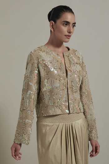 Kavita Bhartia_Beige Silk, Dupion, Shantoon Round Neck Embellished Jacket And Skirt Set _at_Aza_Fashions