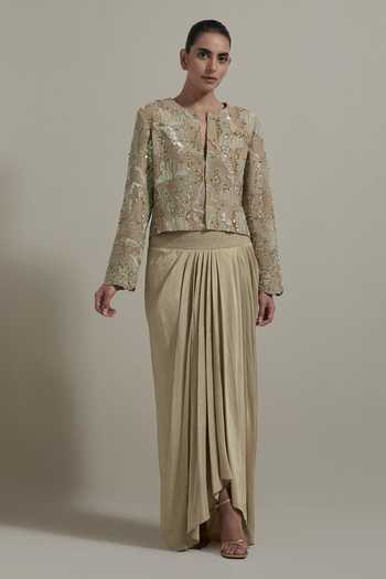 Buy_Kavita Bhartia_Beige Silk, Dupion, Shantoon Round Neck Embellished Jacket And Skirt Set _at_Aza_Fashions