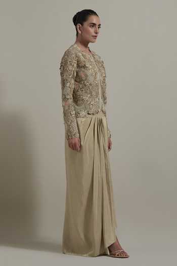 Kavita Bhartia_Gold Silk, Net, Dupion Round Neck Embellished Jacket And Skirt Set _Online_at_Aza_Fashions