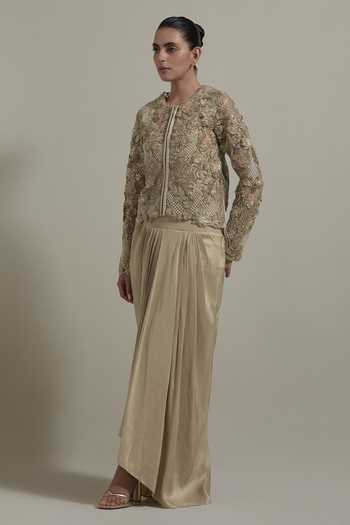 Buy_Kavita Bhartia_Gold Silk, Net, Dupion Round Neck Embellished Jacket And Skirt Set _Online_at_Aza_Fashions