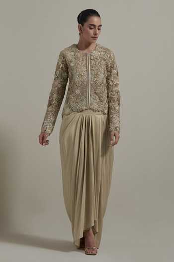 Buy_Kavita Bhartia_Gold Silk, Net, Dupion Round Neck Embellished Jacket And Skirt Set _at_Aza_Fashions
