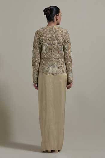 Shop_Kavita Bhartia_Gold Silk, Net, Dupion Round Neck Embellished Jacket And Skirt Set _at_Aza_Fashions