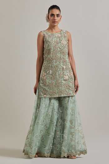 Shop_Kavita Bhartia_Green Organza, Net Round Neck, Yes Hand Embellished Kurta Set _Online_at_Aza_Fashions