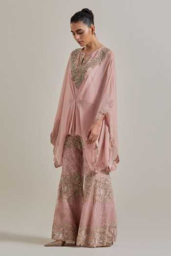 Buy_Kavita Bhartia_Pink Organza, Chiffon Embroidery, Sequins, Hand Embellished Top And Palazzo Set _Online_at_Aza_Fashions