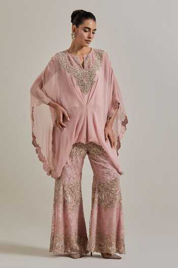 Buy_Kavita Bhartia_Pink Organza, Chiffon Embroidery, Sequins, Hand Embellished Top And Palazzo Set _at_Aza_Fashions
