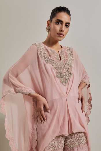 Shop_Kavita Bhartia_Pink Organza, Chiffon Embroidery, Sequins, Hand Embellished Top And Palazzo Set _Online_at_Aza_Fashions