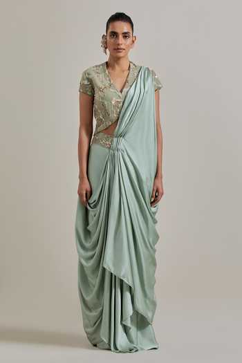 Kavita Bhartia_Green Satin, Net V-neck Pre-draped Saree And Blouse Set _Online_at_Aza_Fashions