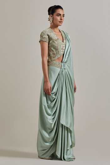 Buy_Kavita Bhartia_Green Satin, Net V-neck Pre-draped Saree And Blouse Set _Online_at_Aza_Fashions
