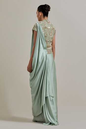 Shop_Kavita Bhartia_Green Satin, Net V-neck Pre-draped Saree And Blouse Set _at_Aza_Fashions