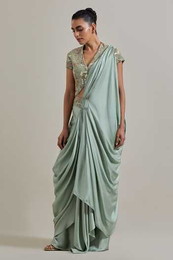Buy_Kavita Bhartia_Green Satin, Net V-neck Pre-draped Saree And Blouse Set _at_Aza_Fashions