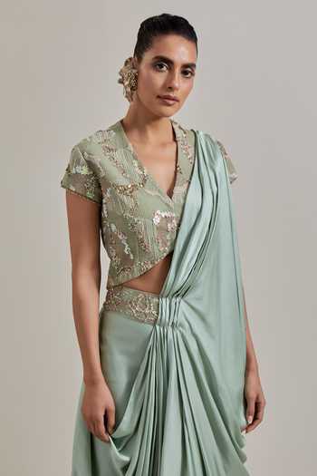 Shop_Kavita Bhartia_Green Satin, Net V-neck Pre-draped Saree And Blouse Set _Online_at_Aza_Fashions