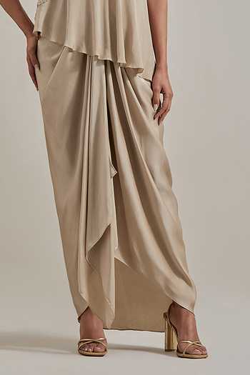 Kavita Bhartia_Gold Crepe, Satin V-neck Asymmetric Top And Skirt Set _Online_at_Aza_Fashions