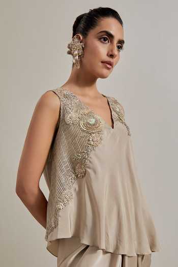 Buy_Kavita Bhartia_Gold Crepe, Satin V-neck Asymmetric Top And Skirt Set _Online_at_Aza_Fashions