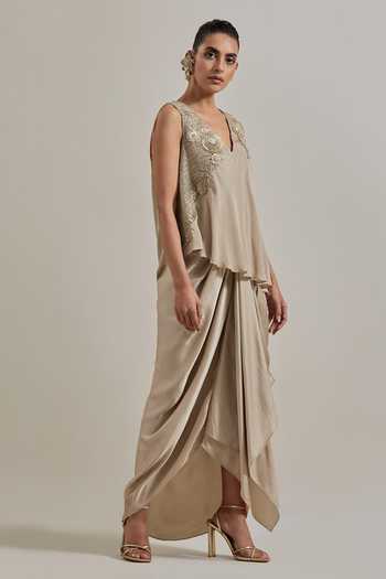 Shop_Kavita Bhartia_Gold Crepe, Satin V-neck Asymmetric Top And Skirt Set _Online_at_Aza_Fashions