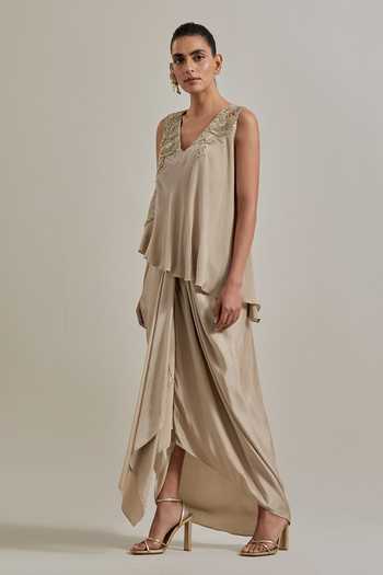 Buy_Kavita Bhartia_Gold Crepe, Satin V-neck Asymmetric Top And Skirt Set 