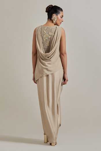 Shop_Kavita Bhartia_Gold Crepe, Satin V-neck Asymmetric Top And Skirt Set _at_Aza_Fashions