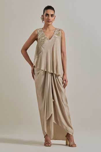 Buy_Kavita Bhartia_Gold Crepe, Satin V-neck Asymmetric Top And Skirt Set _at_Aza_Fashions