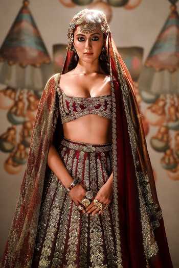 Masaba_Wine Leatherette, Georgette, Organza, Kokum Sherbet Bridal Lehenga Set _Online