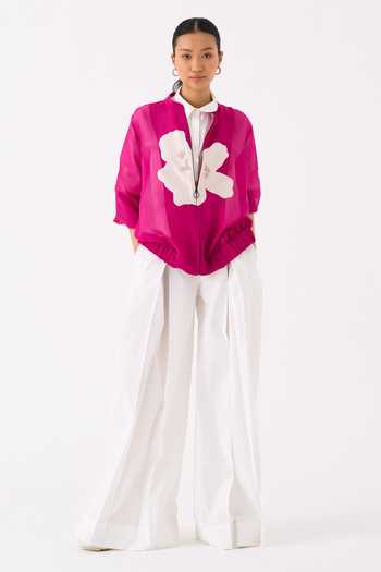 Buy_Three_Pink Organza Embroidery Mandarin Collar Blossom Applique Bomber Jacket 