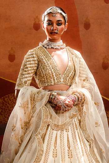 Masaba_Ivory , Organza Metallic Malai Barfi Embroidered Bridal Lehenga Set 