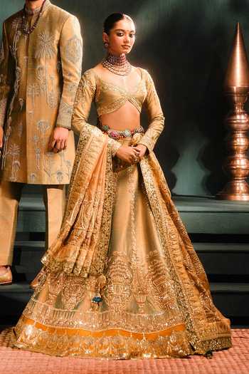 Masaba_Beige Organza, Hemp, Embroidery, The Kesar Varak Bridal Lehenga Set 