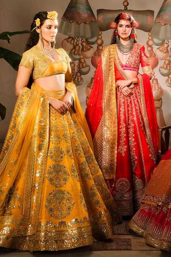 Shop_Masaba_Red , Organza, Viscose The Gulab Sherbet Embroidered Bridal Lehenga Set _Online