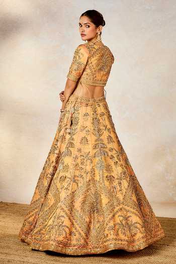 Shop_Masaba_Gold Silk, Tissue Zari Plunge Neck The Agra Petha Embroidered Bridal Lehenga Set _at_Aza_Fashions