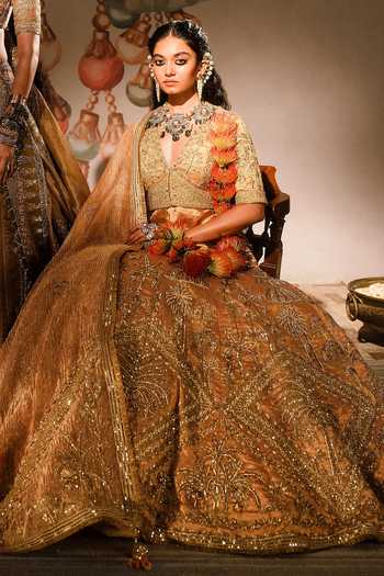 Buy_Masaba_Gold Silk, Tissue Zari Plunge Neck The Agra Petha Embroidered Bridal Lehenga Set _Online