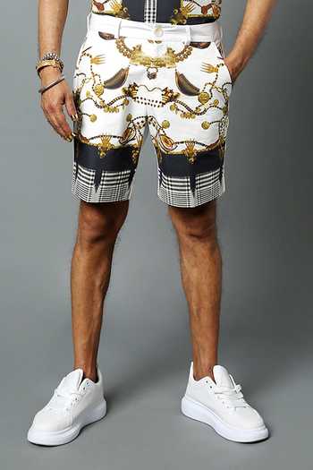 Shop_House Of Three_White Cotton Poplin Jewel Dravida Print Shorts _Online_at_Aza_Fashions
