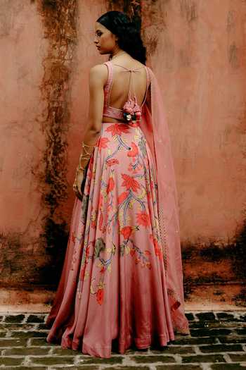 Shop_Drishti & Zahabia_Pink Silk, Organza Sequins, Zari, Embroidery Square Kalamkari Print Lehenga Set _at_Aza_Fashions