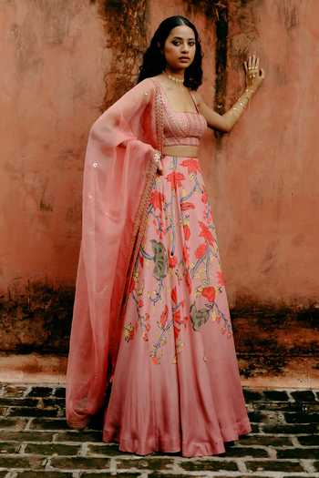 Shop_Drishti & Zahabia_Pink Silk, Organza Sequins, Zari, Embroidery Square Kalamkari Print Lehenga Set 