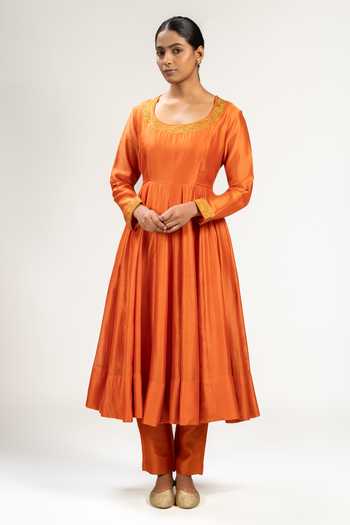 Buy_KAJAL AGRAWAL_Orange Chanderi Silk, Organza Round Neck Handwoven Anarkali Set _Online_at_Aza_Fashions