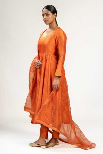KAJAL AGRAWAL_Orange Chanderi Silk, Organza Round Neck Handwoven Anarkali Set _at_Aza_Fashions