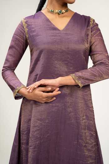Buy_KAJAL AGRAWAL_Purple Cotton, Chanderi V-neck, Yes Handwoven Zari Kurta And Pant Set 