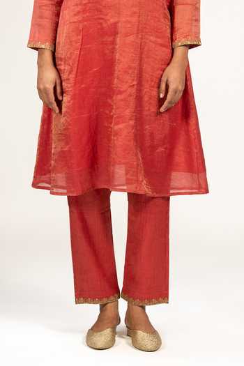 Buy_KAJAL AGRAWAL_Red Cotton, Chanderi V-neck, Yes Handwoven Zari Kurta And Pant Set _Online_at_Aza_Fashions