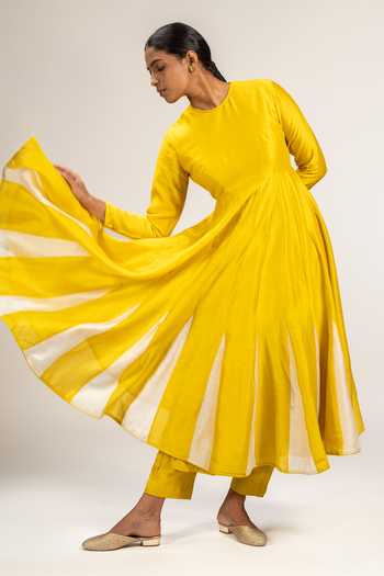 Shop_KAJAL AGRAWAL_Yellow Chanderi Silk, Cotton Round Neck Handwoven Anarkali Set _Online_at_Aza_Fashions