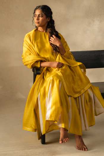 KAJAL AGRAWAL_Yellow Chanderi Silk, Cotton Round Neck Handwoven Anarkali Set _at_Aza_Fashions